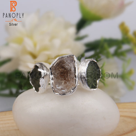 Moldavite & Herkimer Diamond 925 Sterling Silver Ring