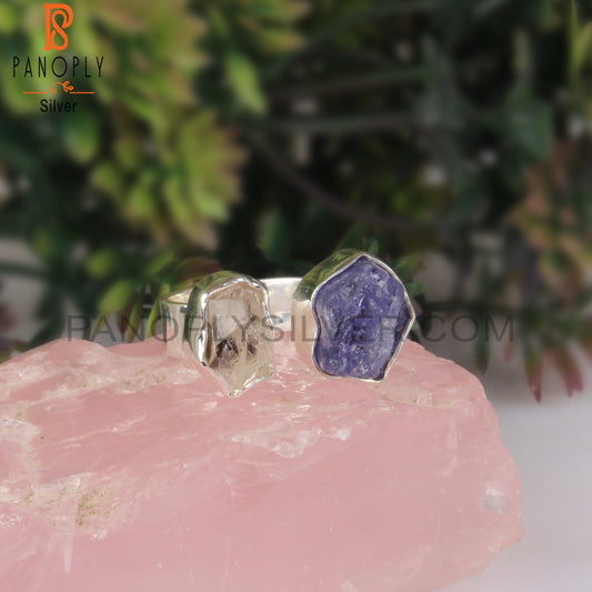 Natural Herkimer Diamond & Tanzanite Rough 925 Silver Ring