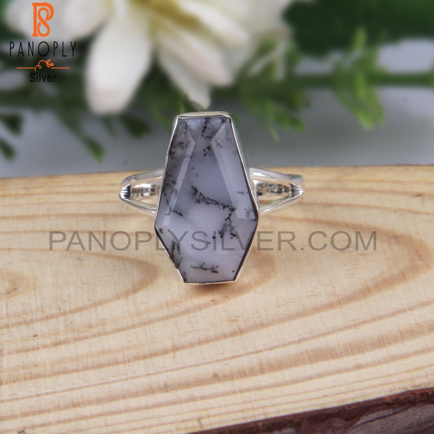 Dendrite Opal Coffin Shape 925 Sterling Silver Ring