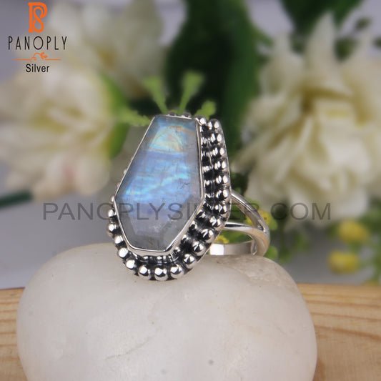 Rainbow Moonstone Coffin Shape 925 Sterling Silver Ring