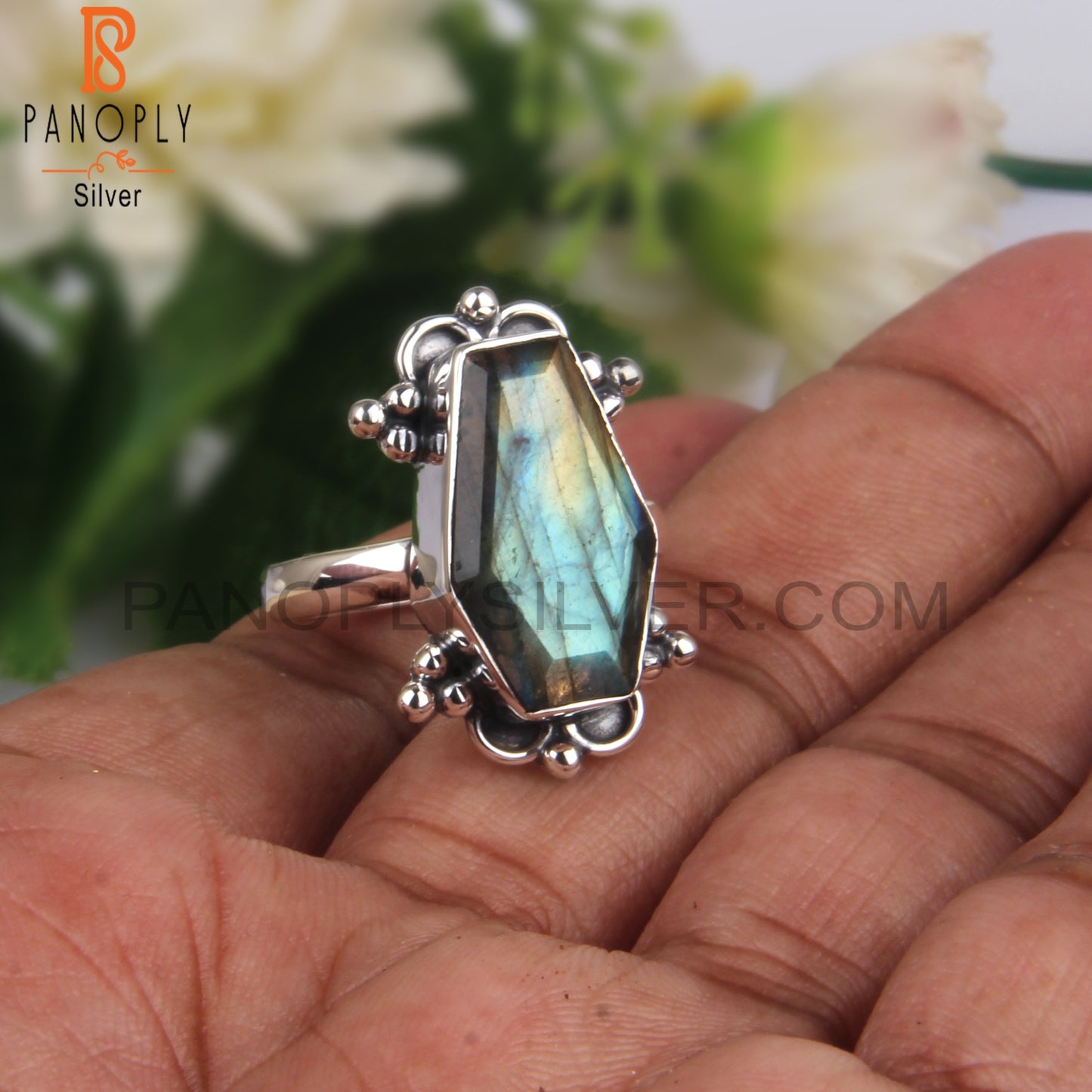 Labrdorite Coffin Shape 925 Sterling Silver Ring