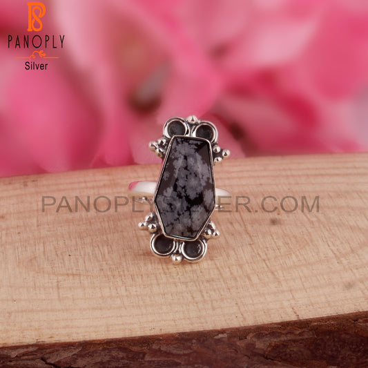 Snowflake Obsidian Aesthetic Coffin Shape 925 Silver Ring