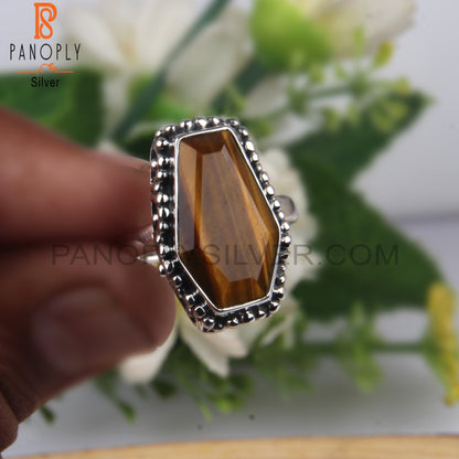 Tiger Eye Yellow Coffin Shape 925 Sterling Silver Ring