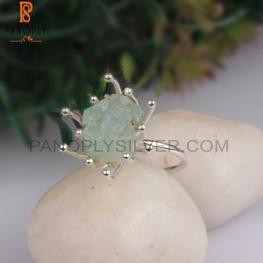 Aquamarine Rough 925 Sterling Silver Crown Ring