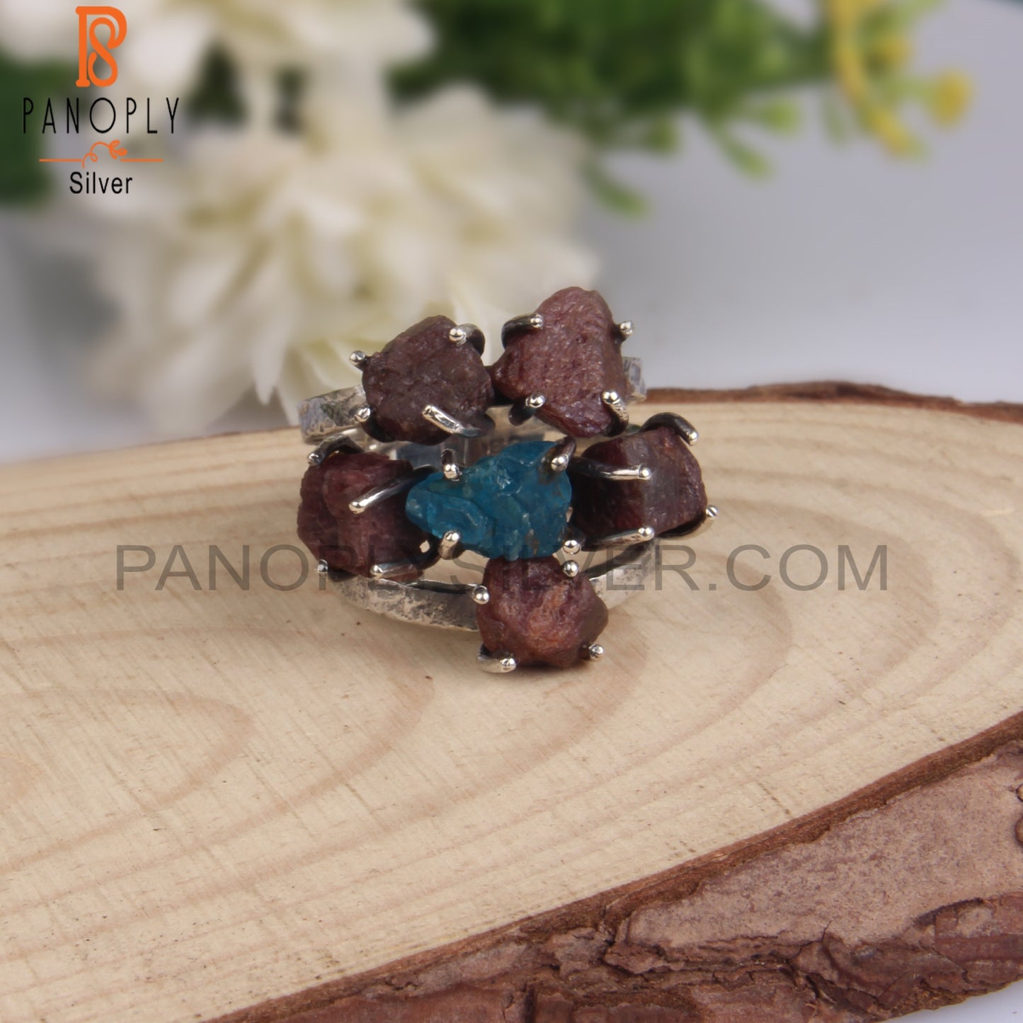 Neon Apatite & Ruby Rough 925 Sterling Silver Ring