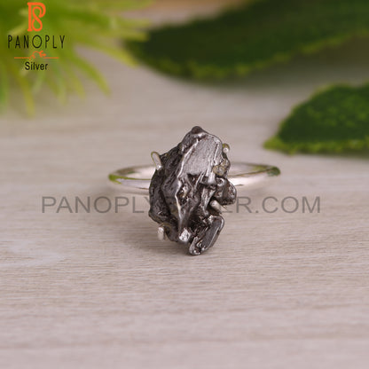 Meteorite Rough 925 Sterling Silver Ring, Prong Set Ring