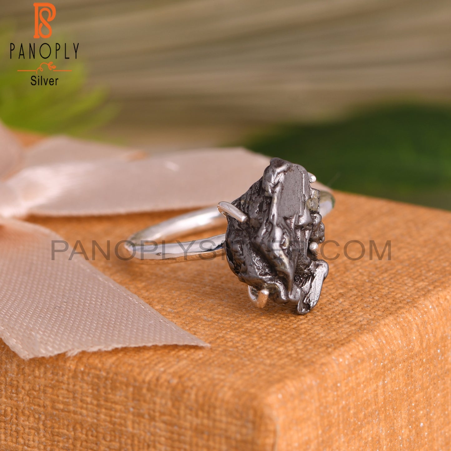 Meteorite Rough 925 Sterling Silver Ring, Prong Set Ring