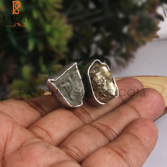 Green Amethyst & Pyrite Rough 925 Sterling Silver Ring