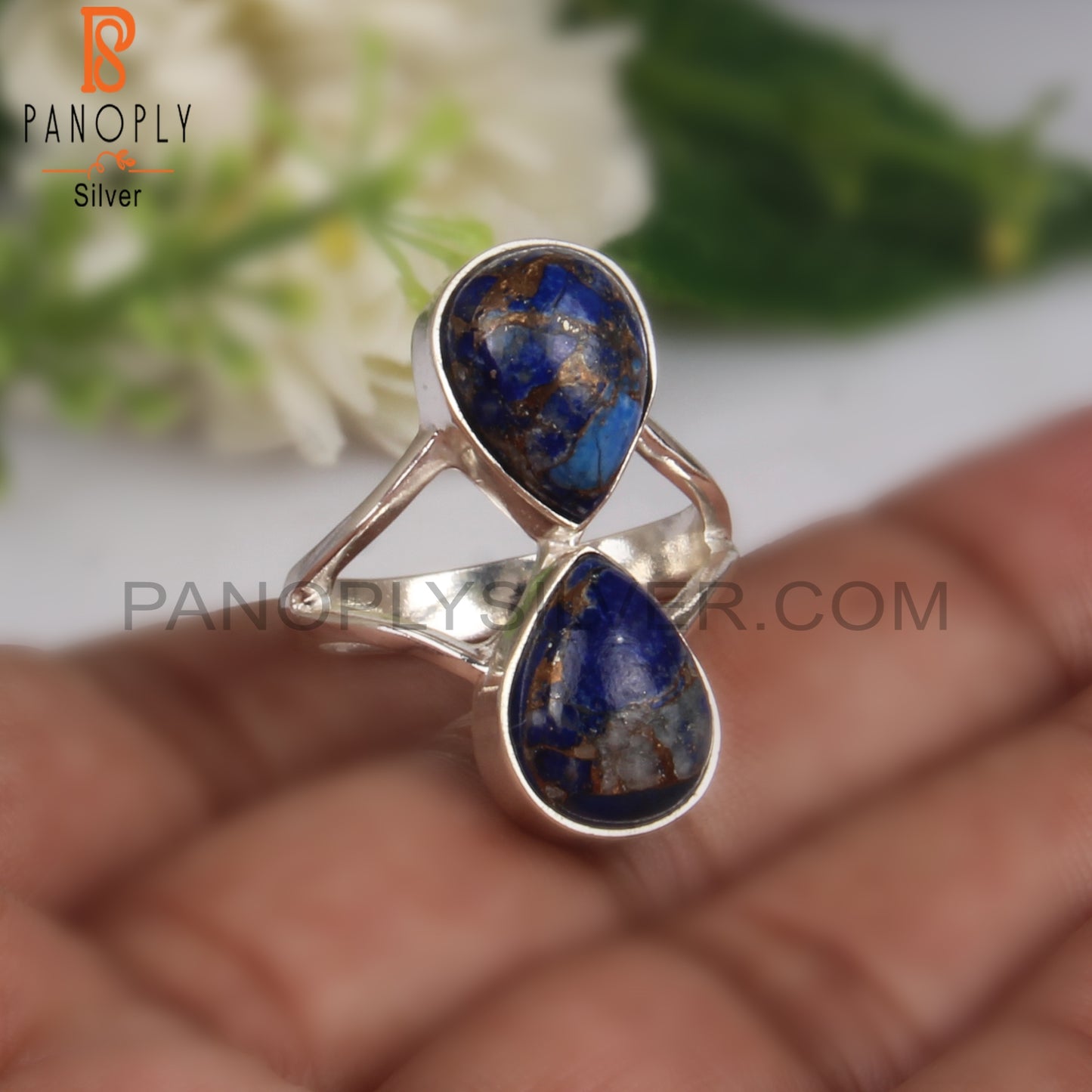 Pear Shape Mojave Copper Lapis Silver Ring For Anniversary