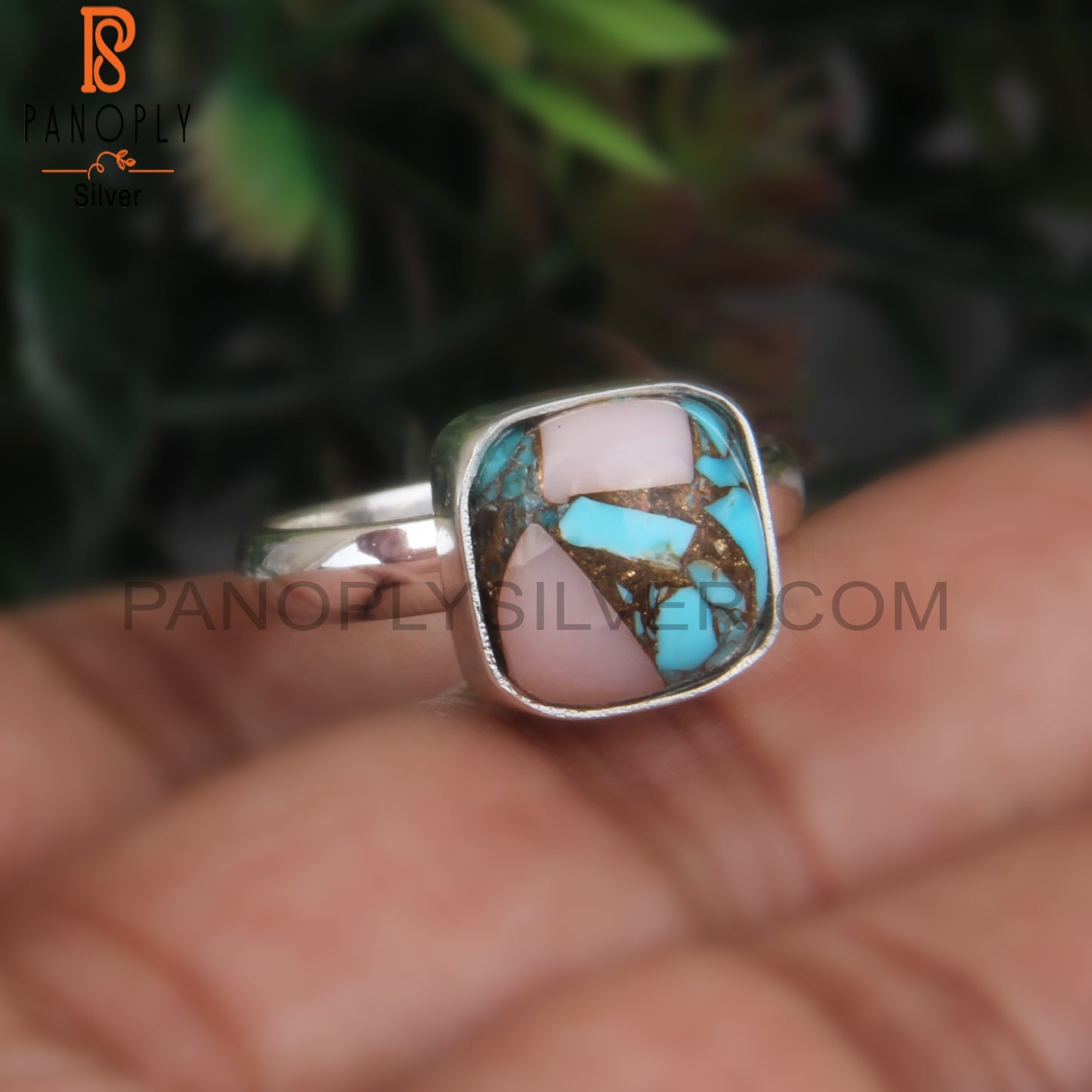 Mojave Copper Pink Opal Turquoise Cushion 925 Silver Ring