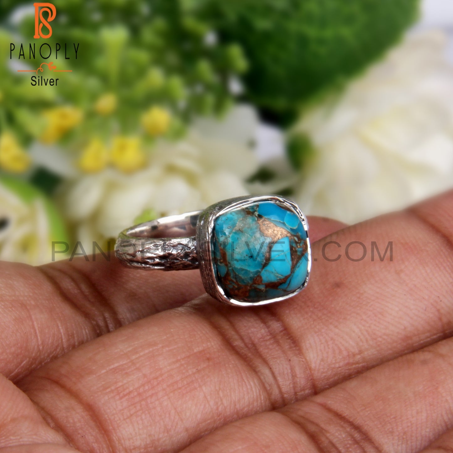 Mojave Copper Turquoise Cushion Shape 925 Sterling Silver Ring