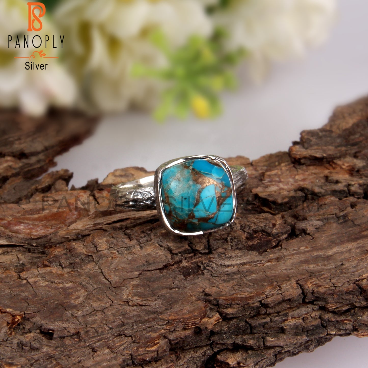 Mojave Copper Turquoise Cushion Shape 925 Sterling Silver Ring