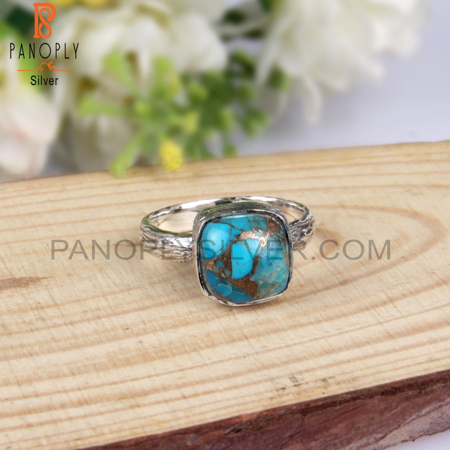 Mojave Copper Turquoise Cushion Shape 925 Sterling Silver Ring