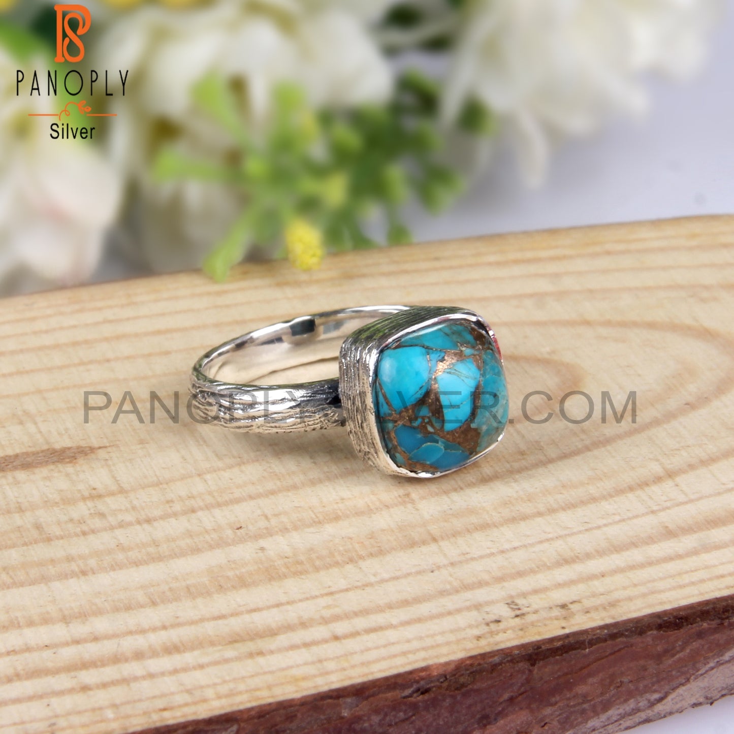 Mojave Copper Turquoise Cushion Shape 925 Sterling Silver Ring