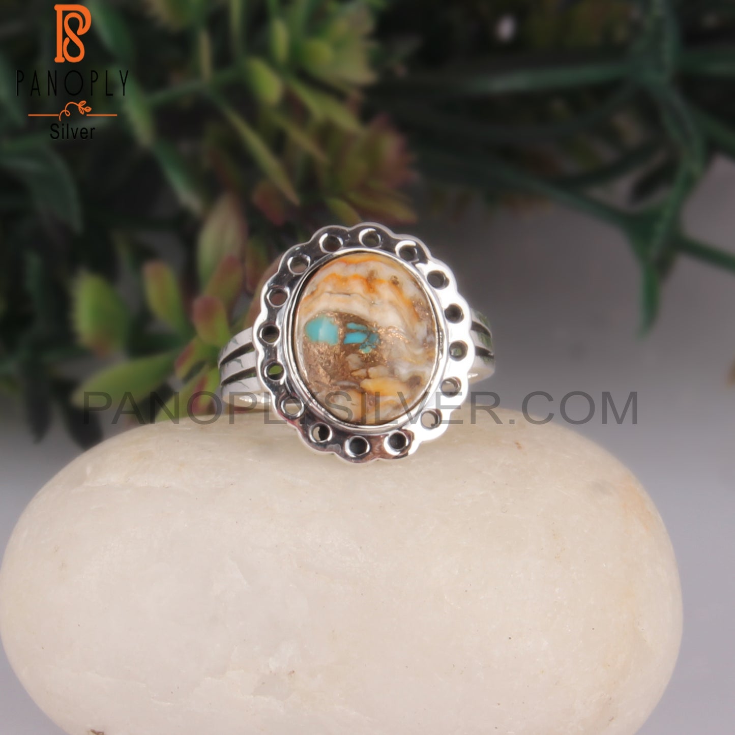 Cabochon Mojave Copper Bumblebee Turquoise Silver Ring