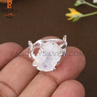 Rainbow Moonstone 925 Sterling Silver Leaf Branch Ring