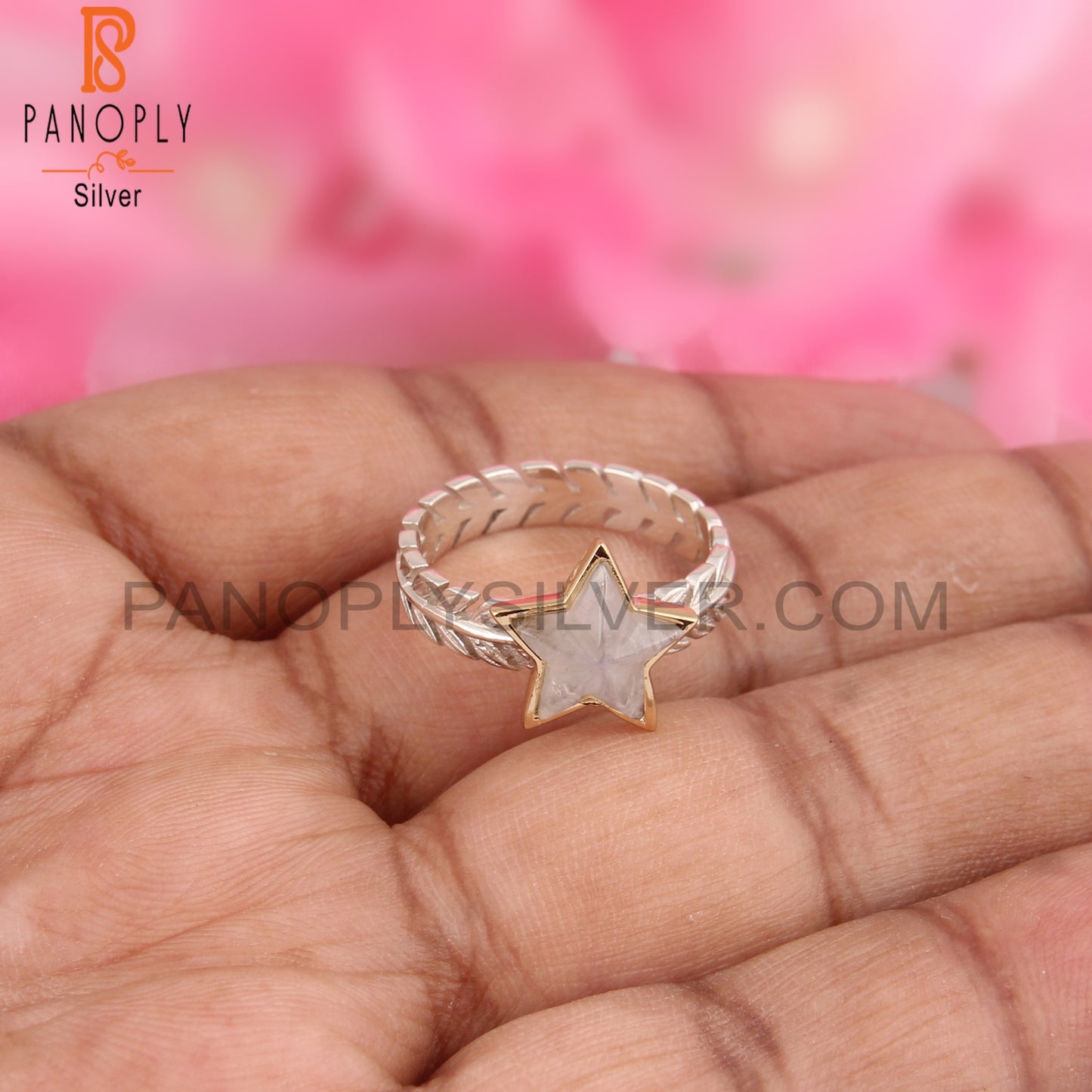 Rainbow Moonstone Star Shape 925 Sterling Silver Ring