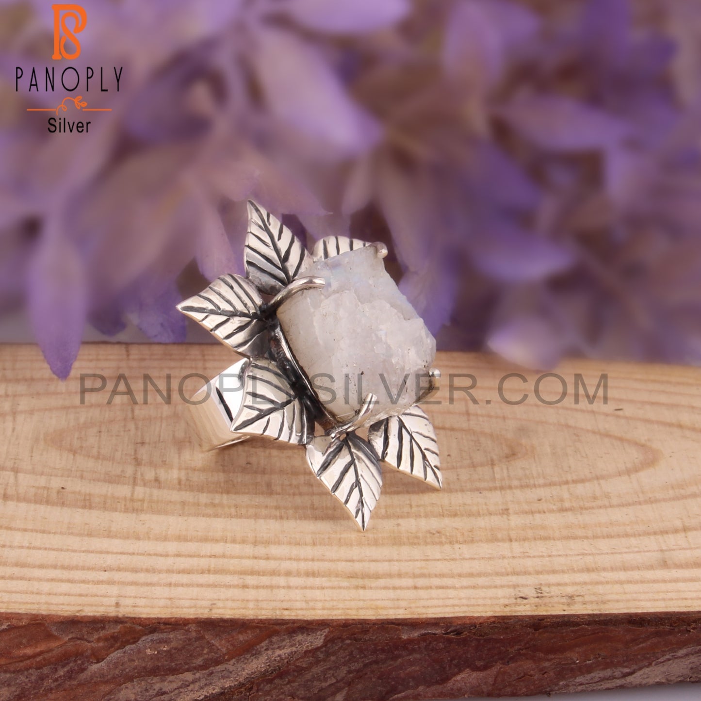 Rainbow Moonstone Rough 925 Sterling Silver Flower Ring