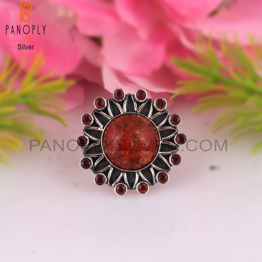 Sponge Coral & Garnet 925 Sterling Silver Boho Ring