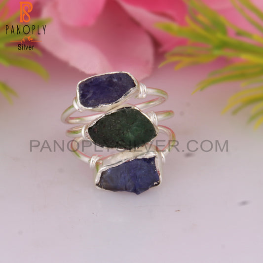 Emerald & Tanzanite Simple 925 Sterling Silver Ring