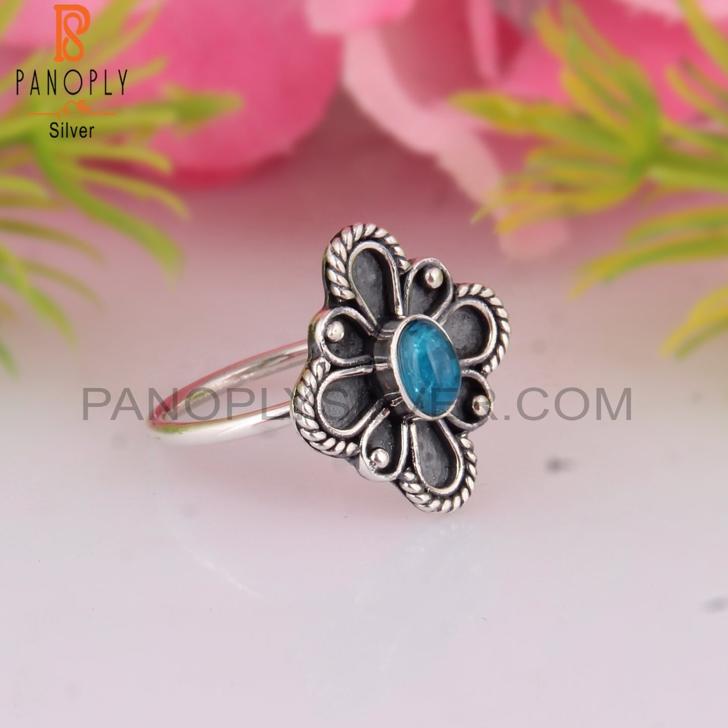 Neon Apatite Oval Shape 925 Sterling Silver Floral Ring