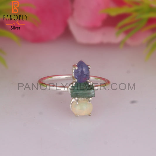 Ethiopian Opal, Tanzanite & Emerald 925 Sterling Silver Ring