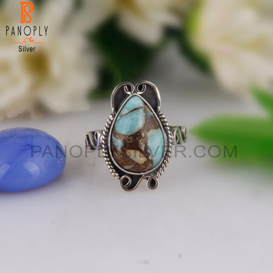 Mojave Copper Amazonite Pear Shape 925 Silver Oxidized Ring