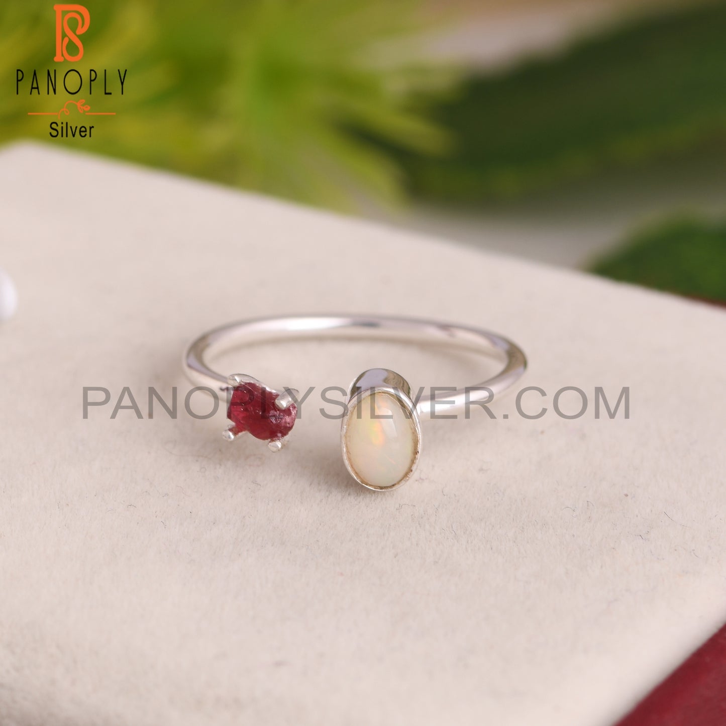 Ethiopian Opal, Spinel Ruby Ajustable 925 Sterling Silver Ring