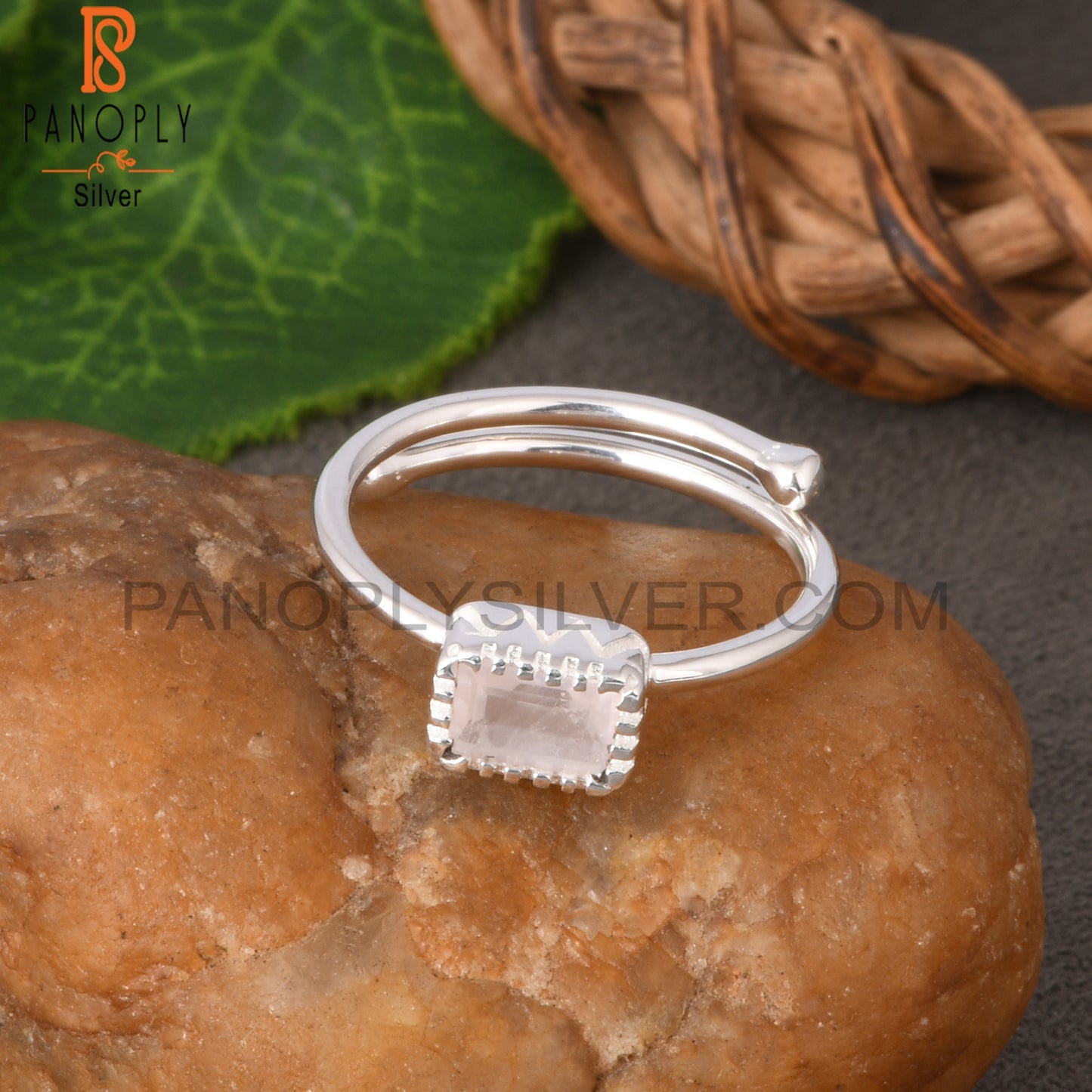 Rose Quartz Baguette Shape 925 Sterling Silver Ring