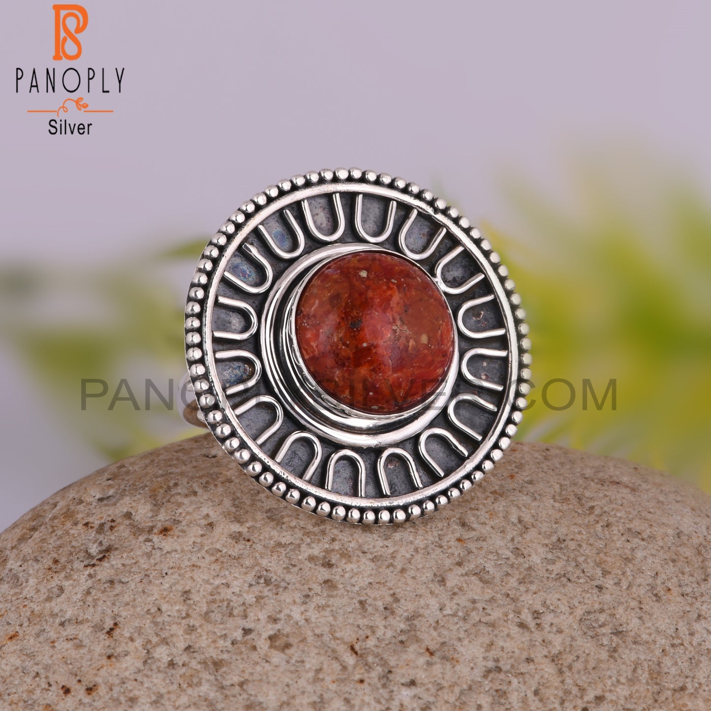 Sponge Coral Stone Round Shape 925 Sterling Silver New Ring