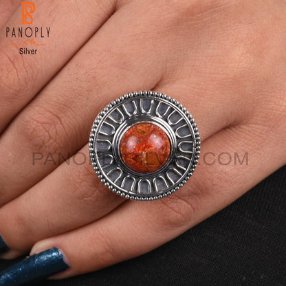 Sponge Coral Stone Round Shape 925 Sterling Silver New Ring