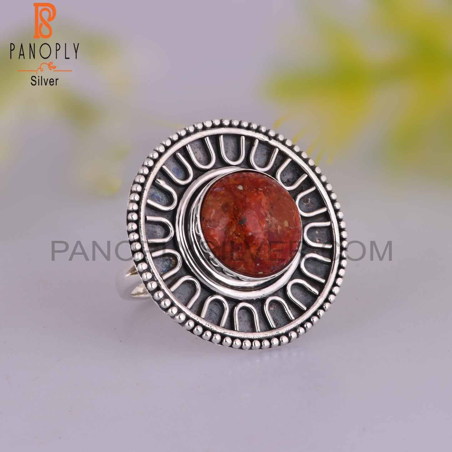 Sponge Coral Stone Round Shape 925 Sterling Silver New Ring