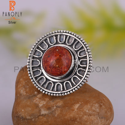 Sponge Coral Stone Round Shape 925 Sterling Silver New Ring