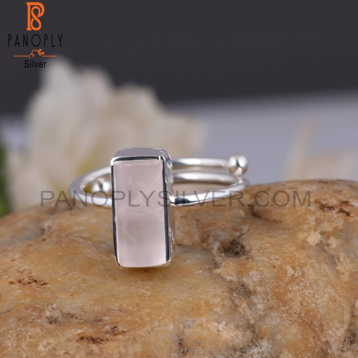 Rose Quartz Half Barrel 925 Sterling Silver Adjustable Ring