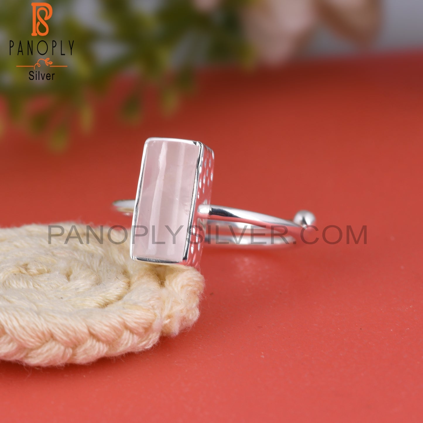 Rose Quartz Half Barrel 925 Sterling Silver Adjustable Ring