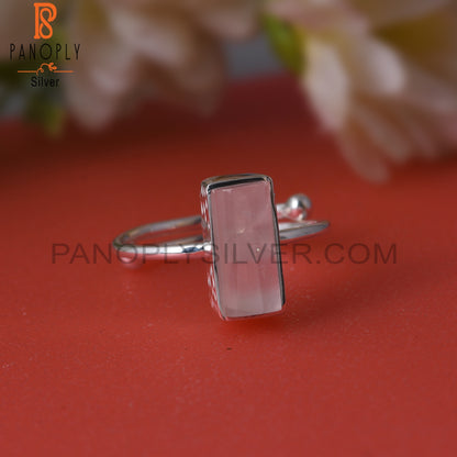 Rose Quartz Half Barrel 925 Sterling Silver Adjustable Ring