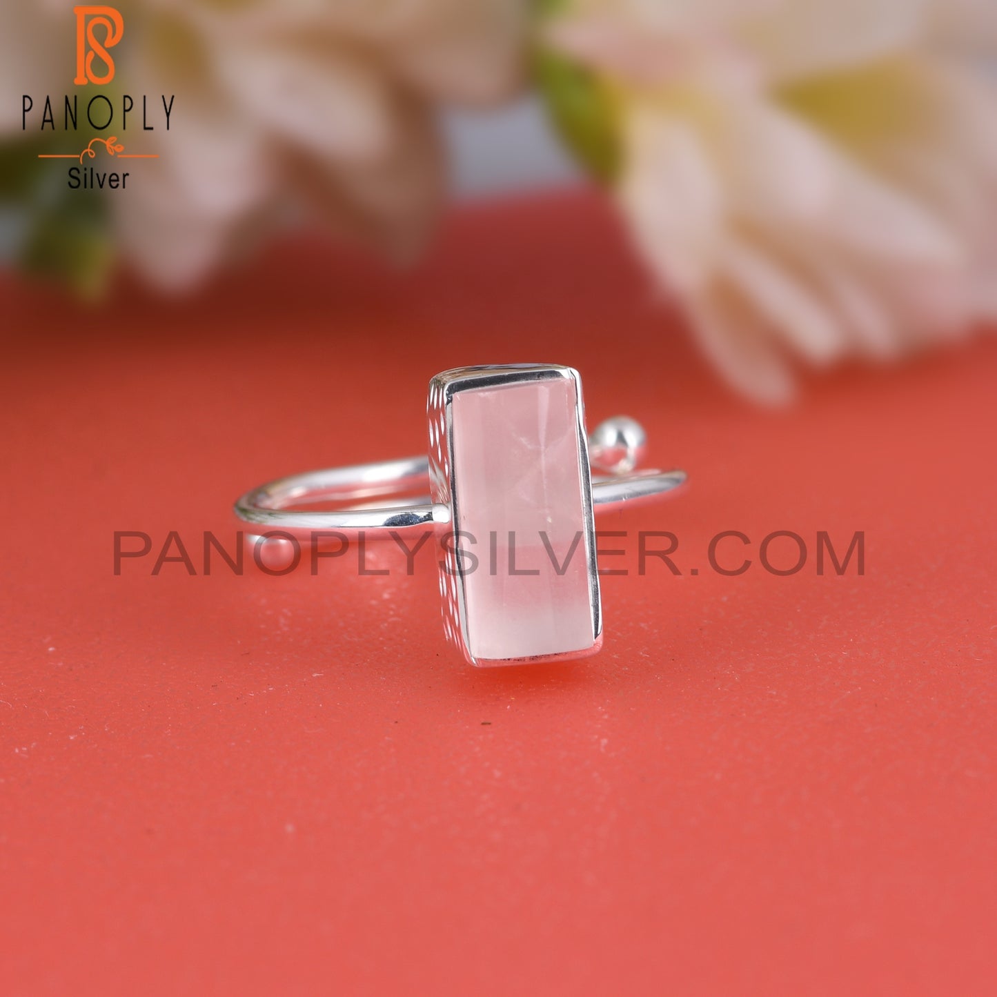 Rose Quartz Half Barrel 925 Sterling Silver Adjustable Ring