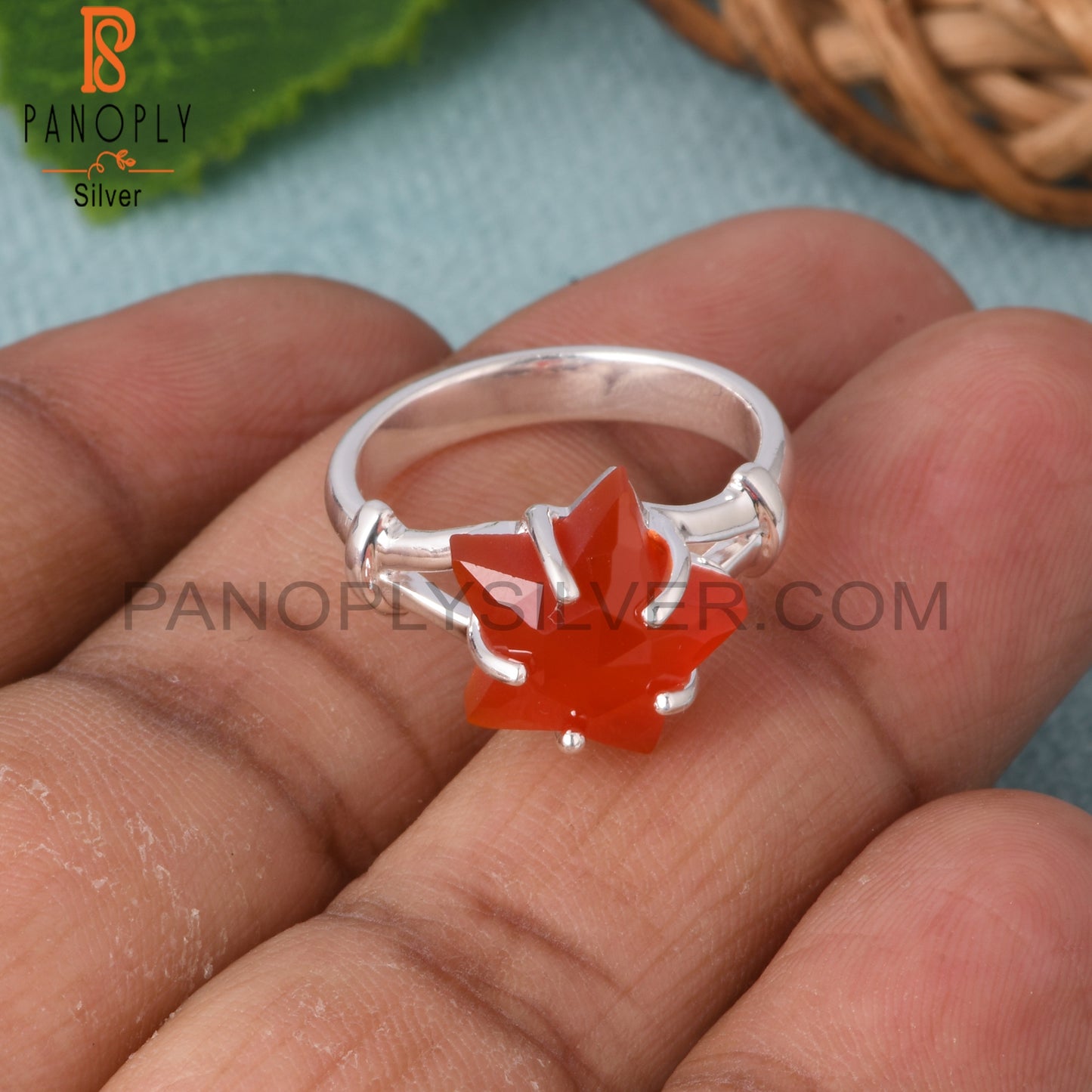 925 Sterling Silver Red Onyx Star Shape Ring