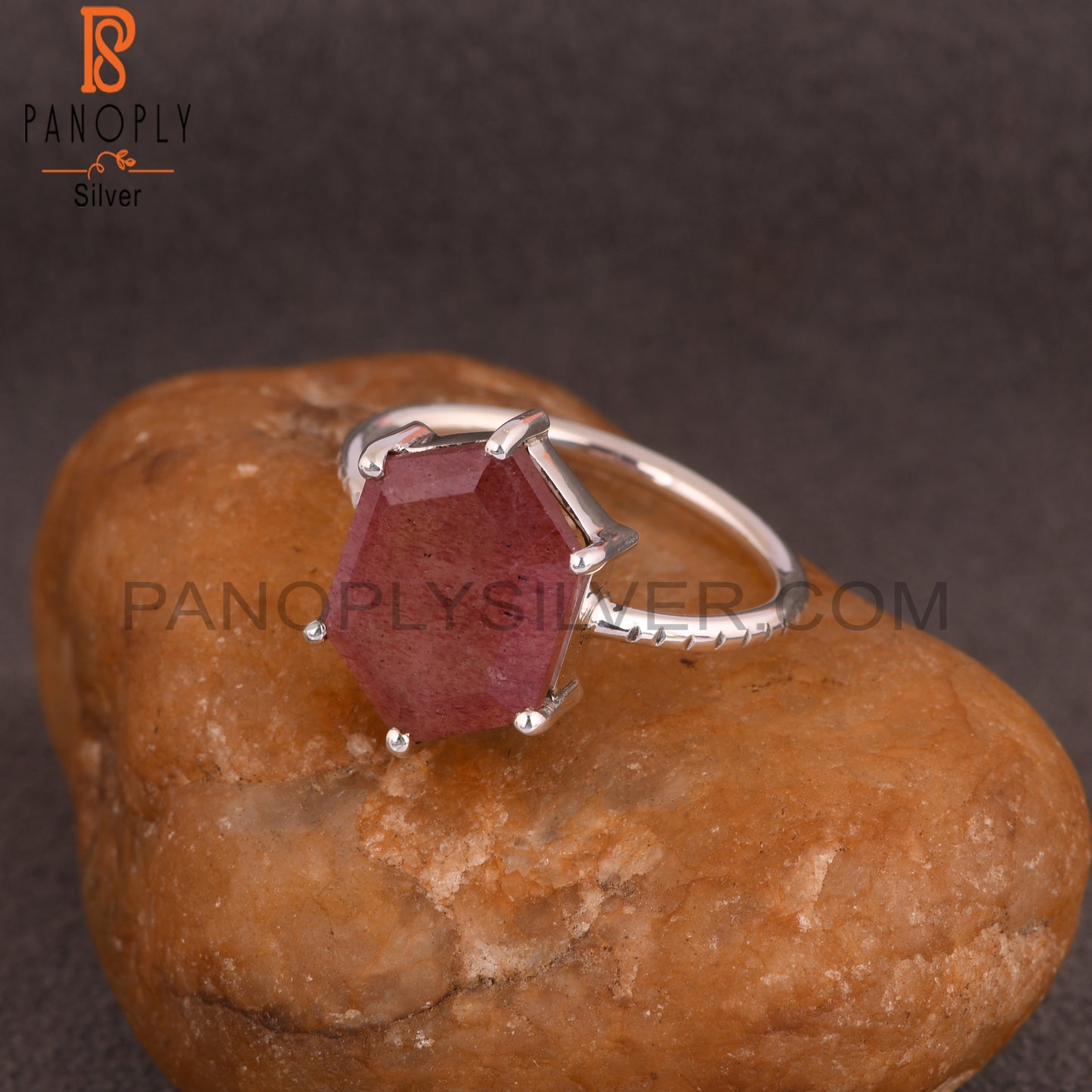 Strawberry Quartz Hexagon 925 Silver Ring