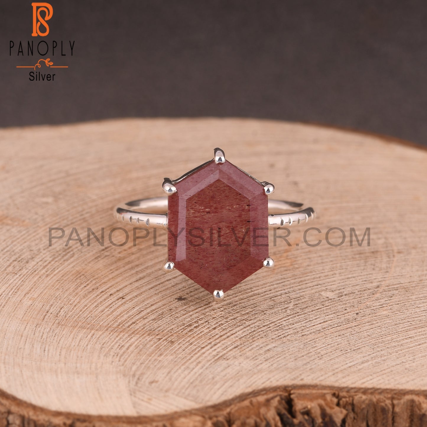 Strawberry Quartz Hexagon 925 Silver Ring