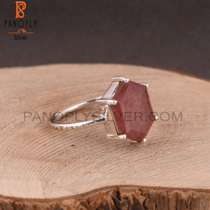 Strawberry Quartz Hexagon 925 Silver Ring