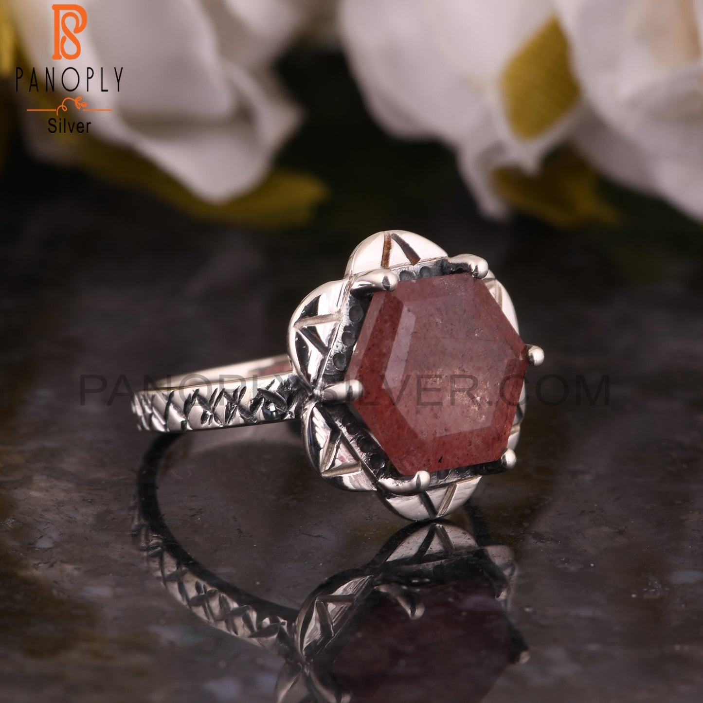 925 Sterling Silver Strawberry Quartz Hexagon Ring