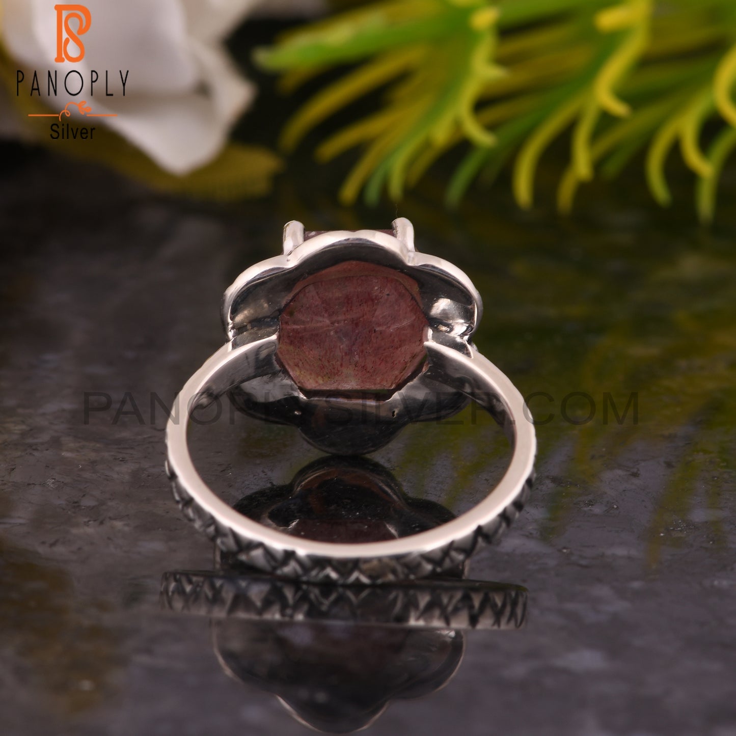 925 Sterling Silver Strawberry Quartz Hexagon Ring