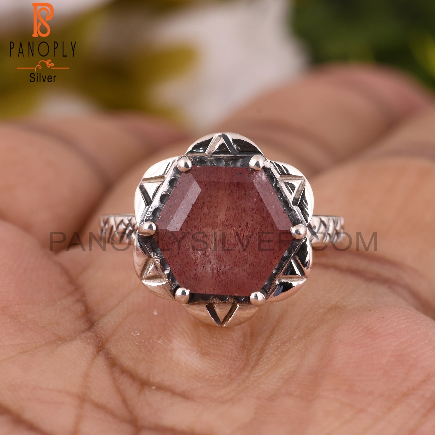 925 Sterling Silver Strawberry Quartz Hexagon Ring