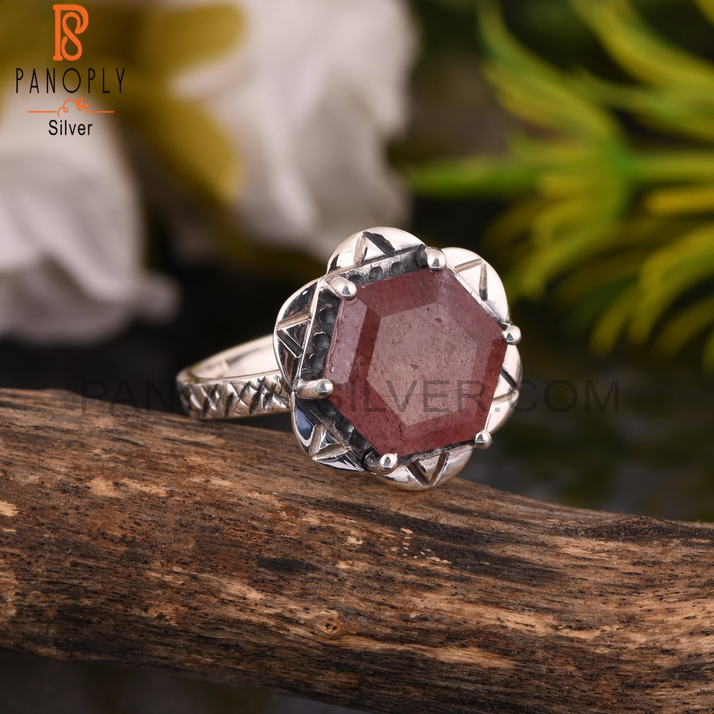 925 Sterling Silver Strawberry Quartz Hexagon Ring