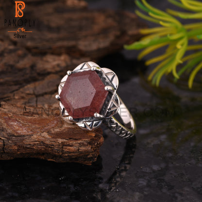 925 Sterling Silver Strawberry Quartz Hexagon Ring