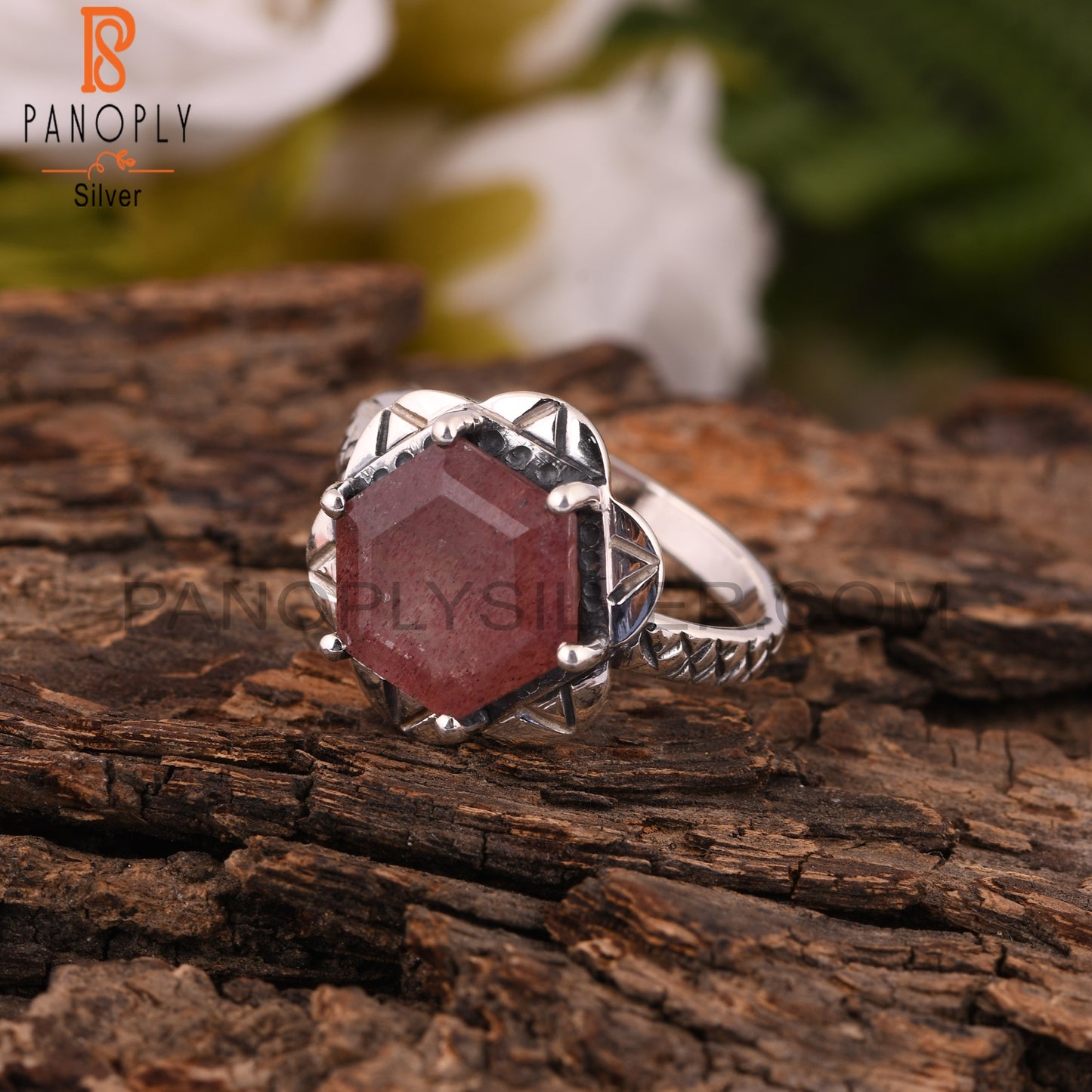 925 Sterling Silver Strawberry Quartz Hexagon Ring