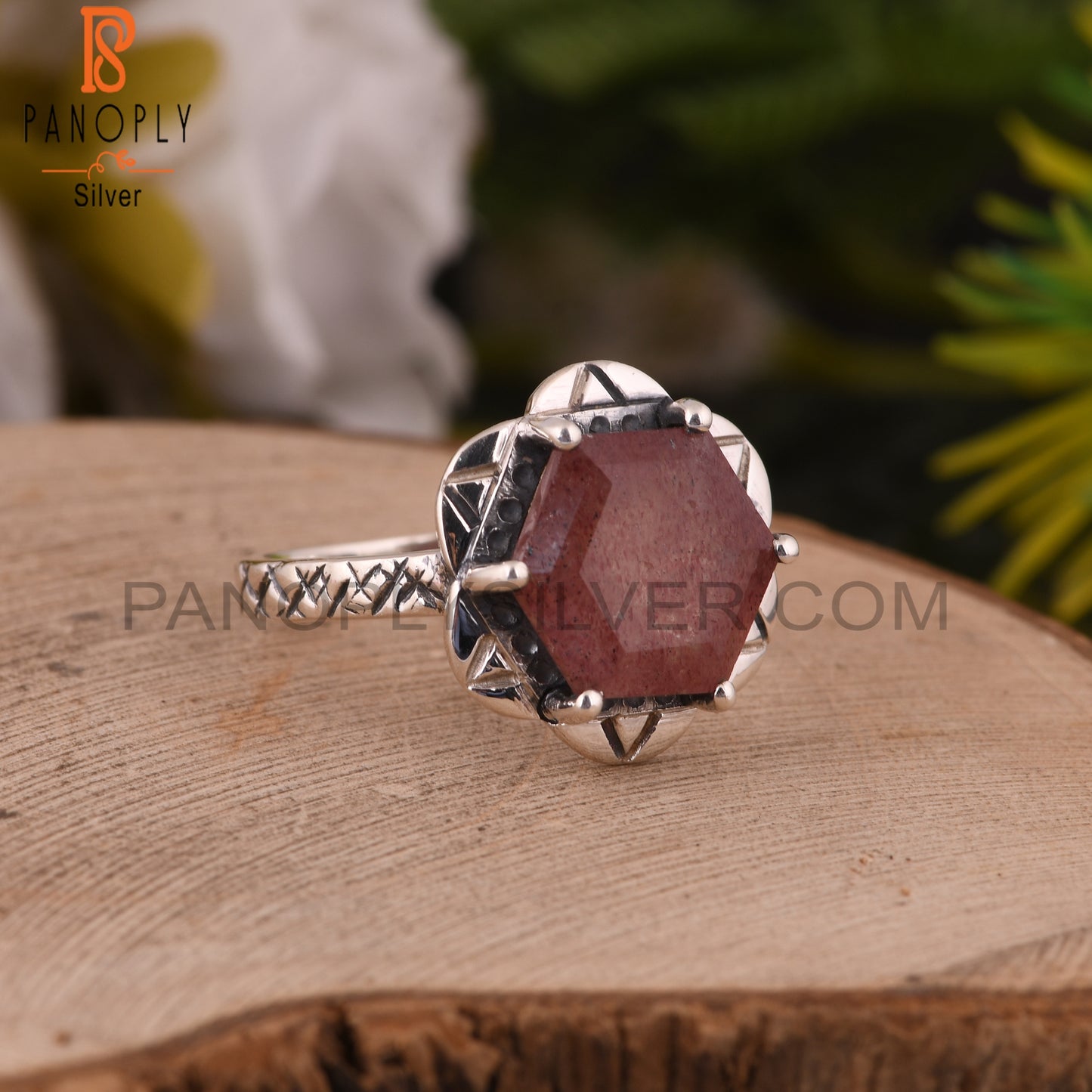 925 Sterling Silver Strawberry Quartz Hexagon Ring