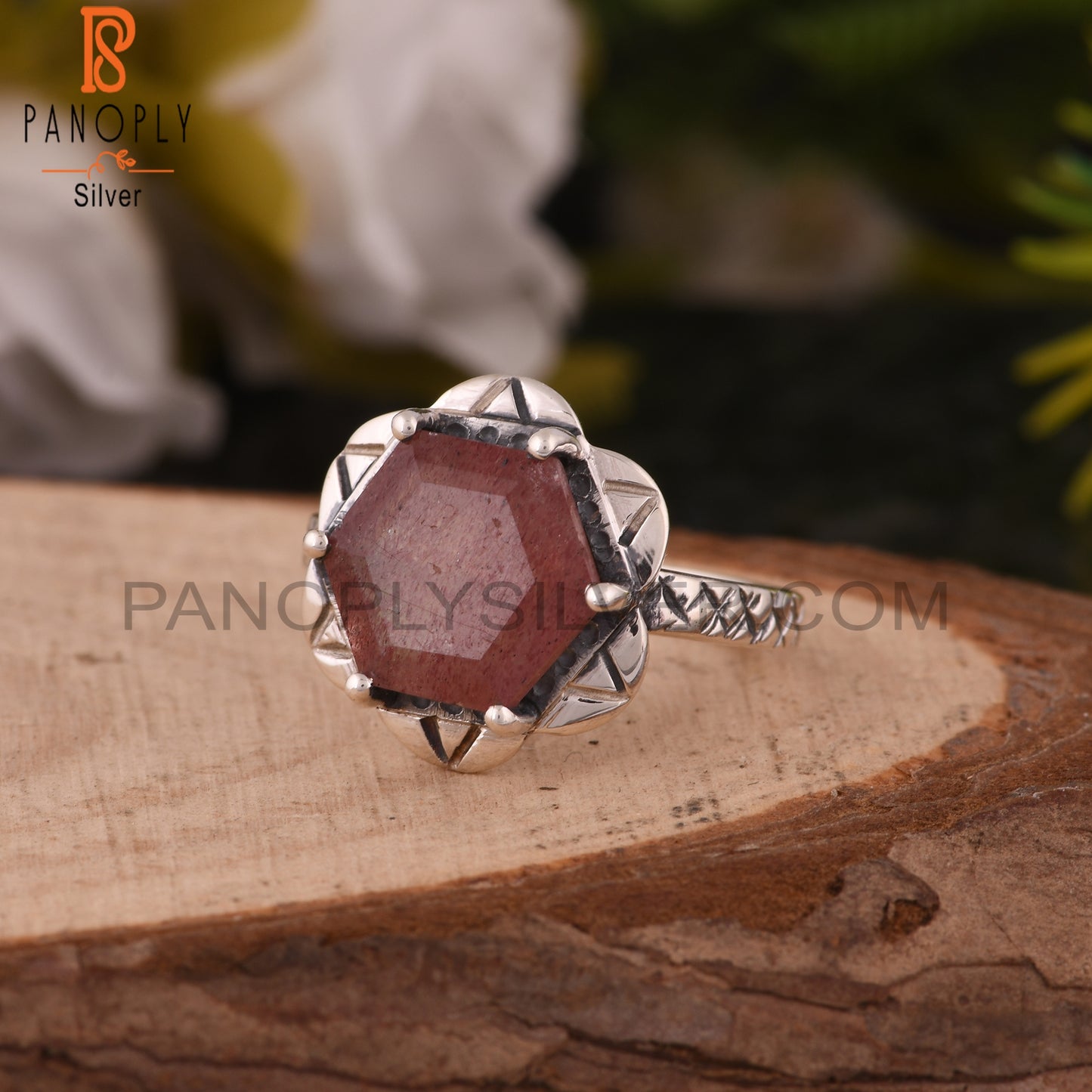 925 Sterling Silver Strawberry Quartz Hexagon Ring