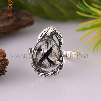 Black Rutile Pear 925 Sterling Silver Ring For Mother